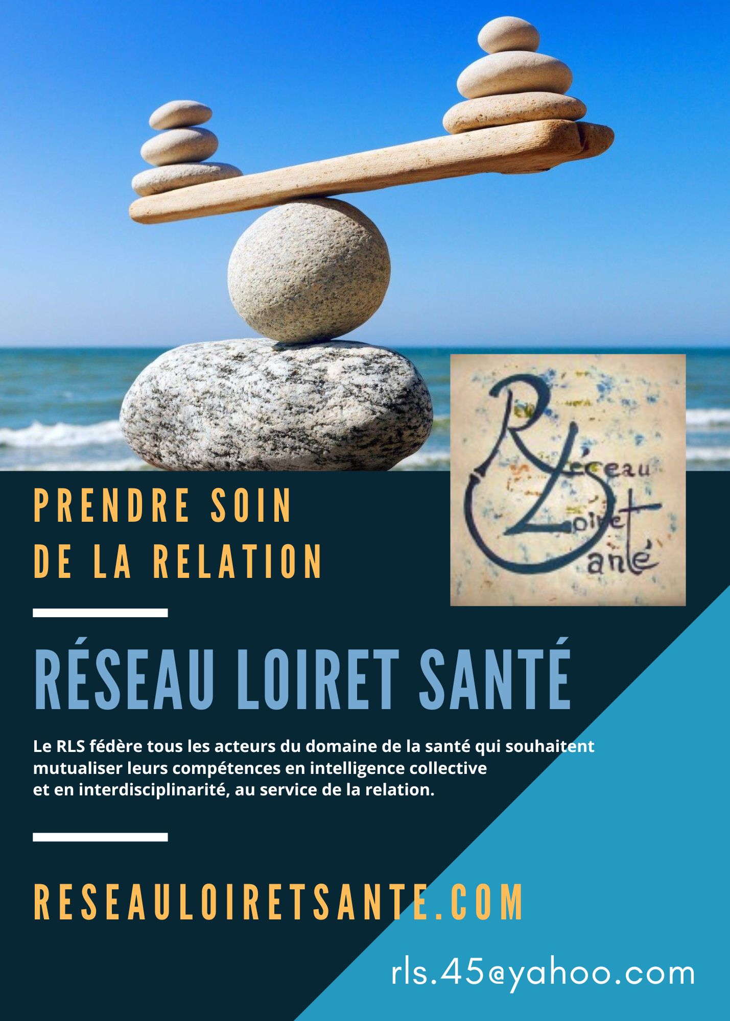 La mer, le ciel, et un gros rocher portant en équilibre d'autres galets : logo du RLS prendre soin de la relation